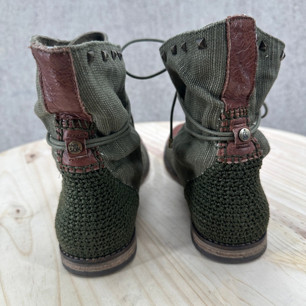 The Sak Ankle Boots 8 Olive Green Canvas Brown Leather Cap Toe Studded Lace Up - Picture 9 of 14